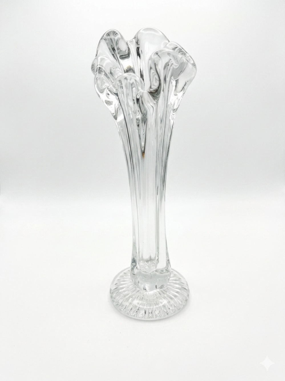 Vintage Heavy Crystal Ruffled Vase Hollywood Regency Trumpet Vase 7.5” Decor